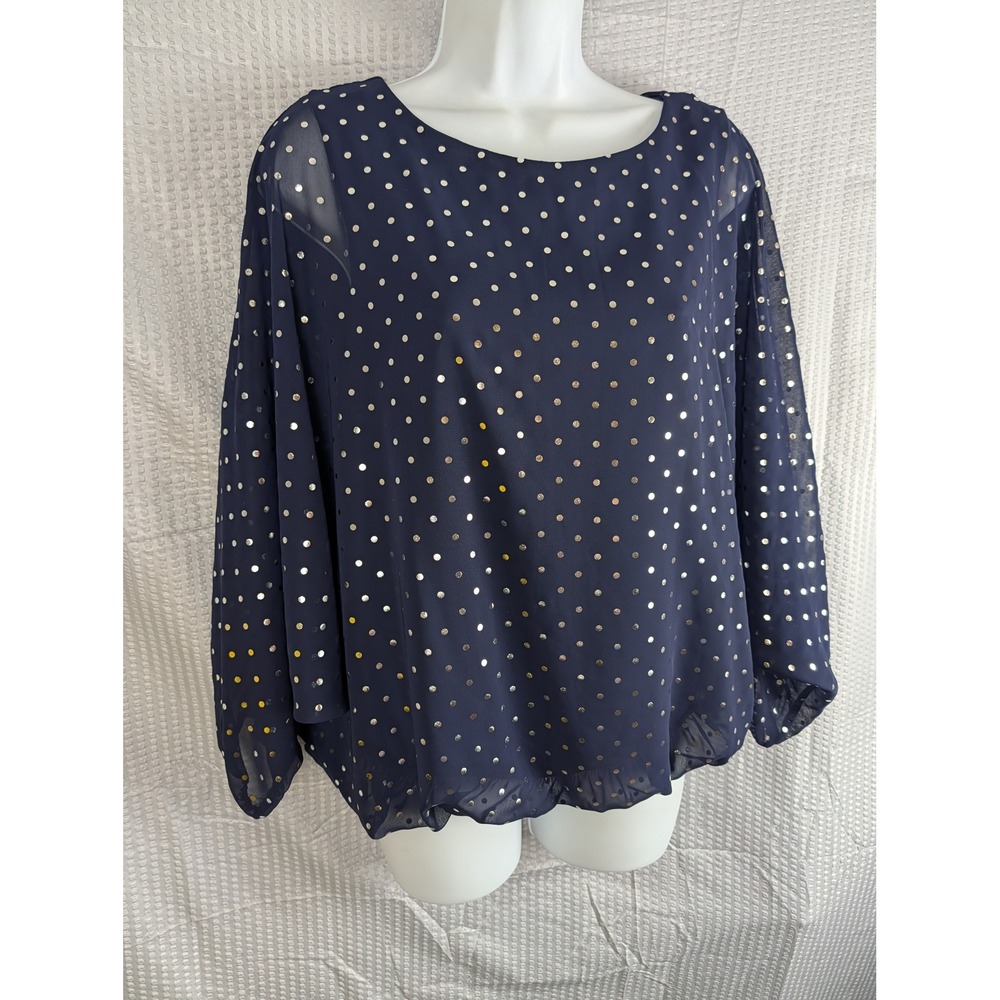 S. Levine Women Small Navy Silver Polka‎ Dot Sheer Sleeve Blouse Top NWT 37277T